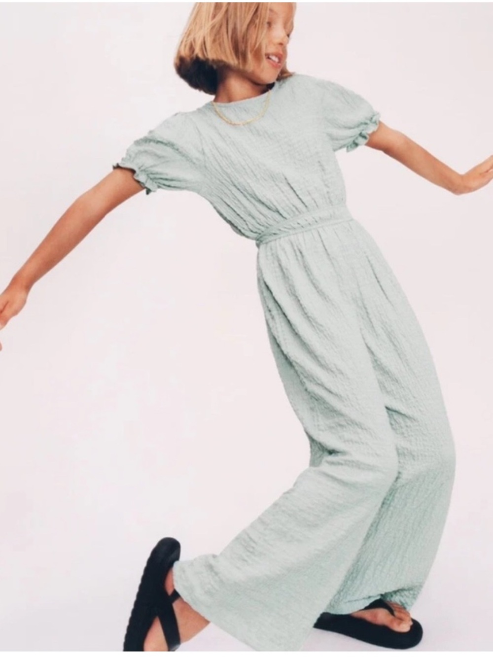 Zara Girls Textured Mint Green Wide-Leg Jumpsuit